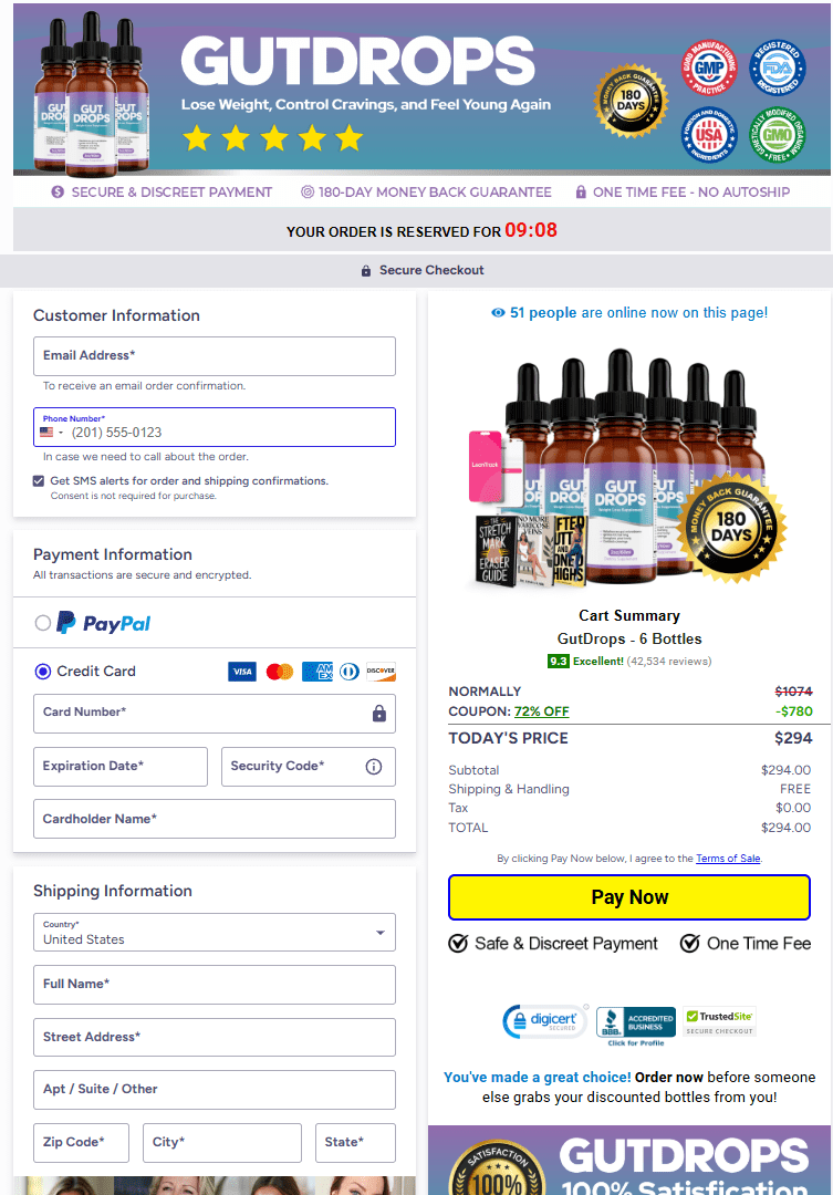 Gut Drops order page